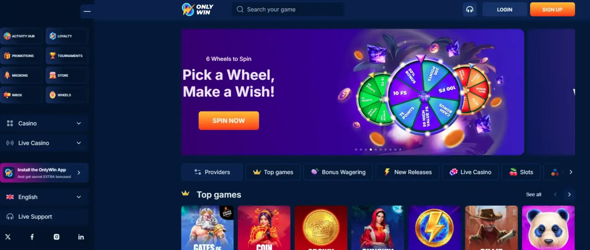 OnlyWin casino homepage