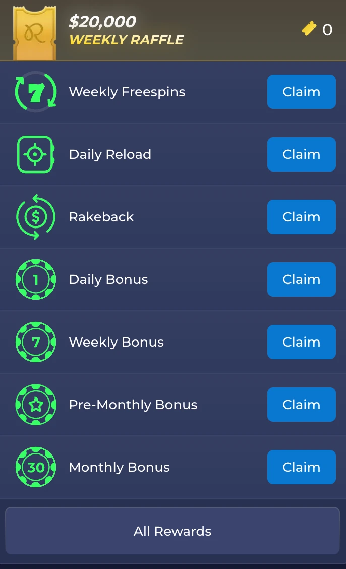 Rainbet rewards and bonus menu